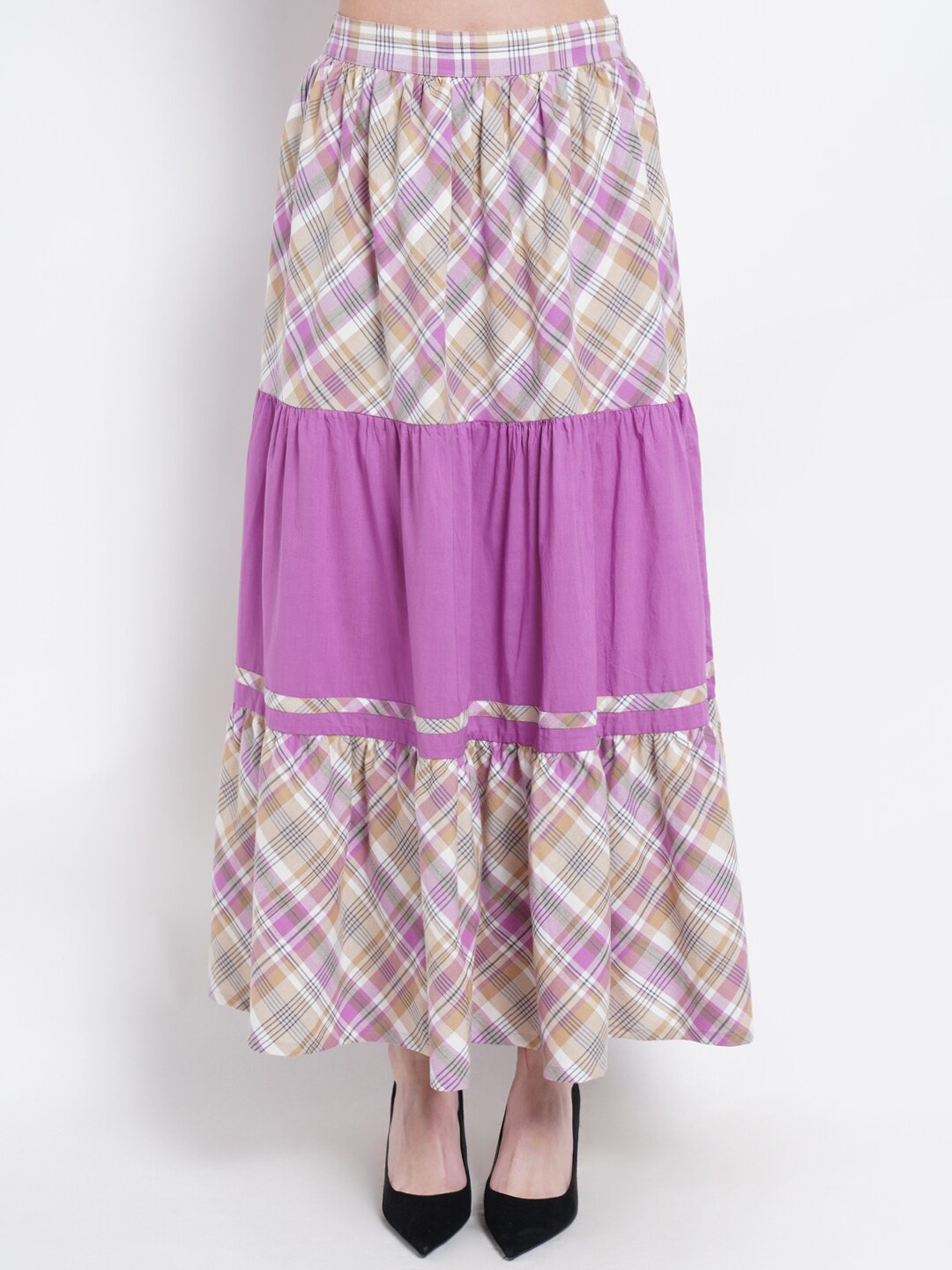 

Purple State Checked Pure Cotton Maxi Flared Skirt, Lavender