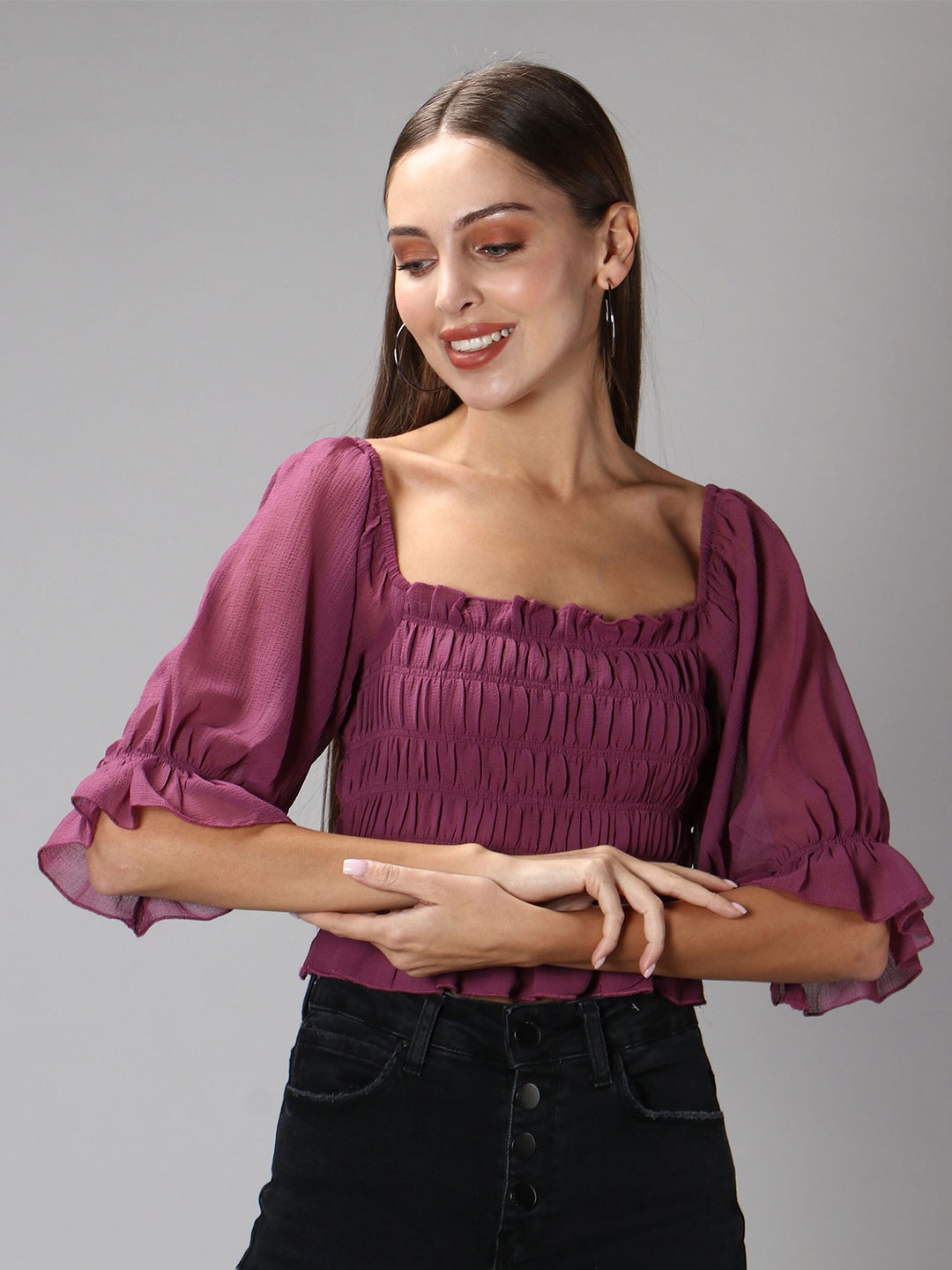 

Amagyaa Smocked Chiffon Crop Top, Mauve