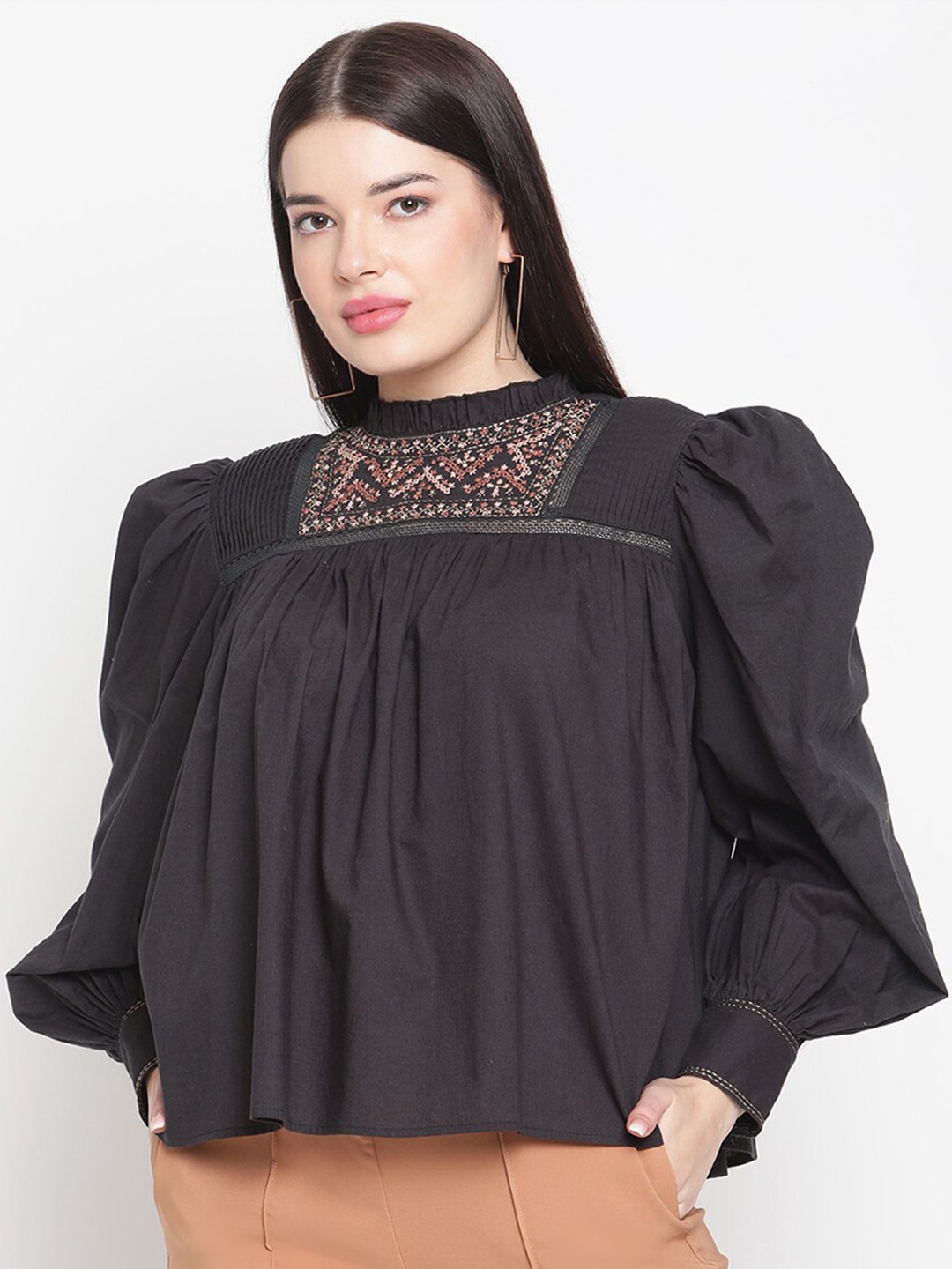 

Amagyaa Embroidered Round Neck Bohemian Pure Cotton Top, Black