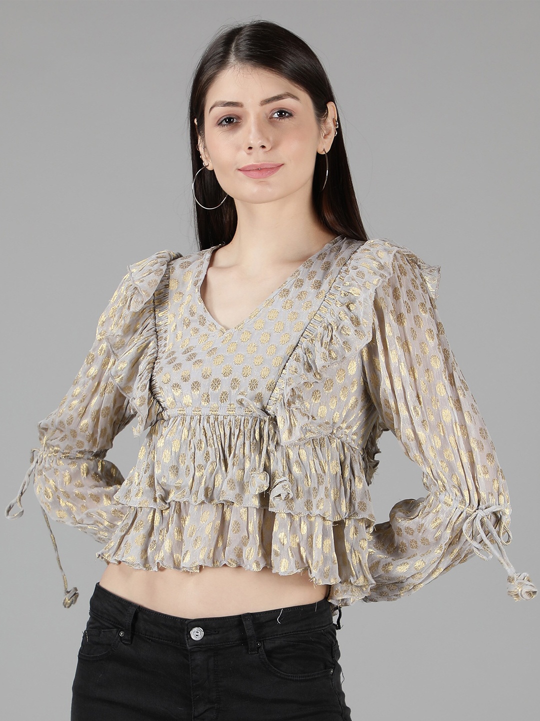

Amagyaa Gold Foil Printed Ruffle Tie-up Empire Crop Top, Grey
