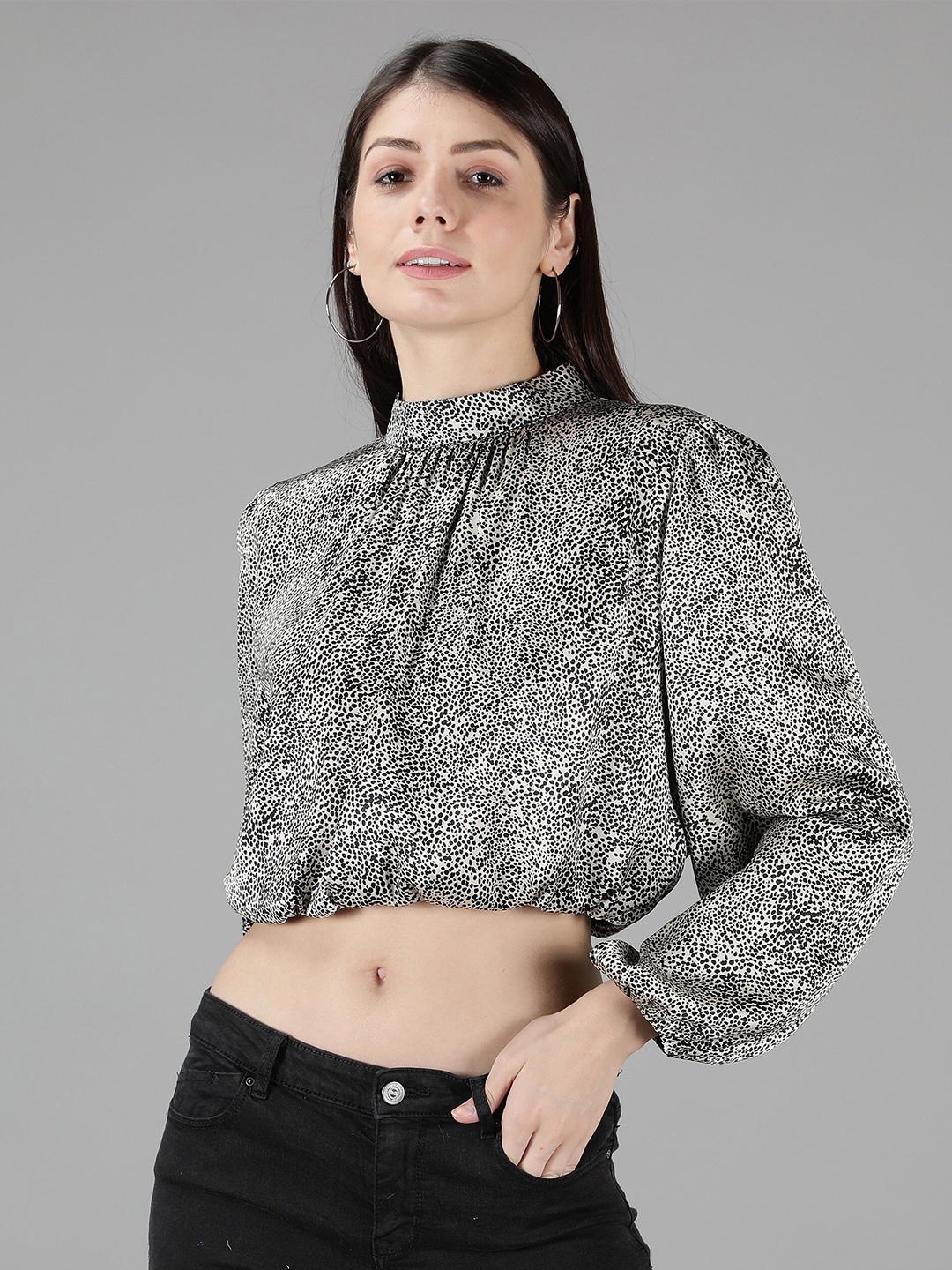 

Amagyaa Animal Print Satin Blouson Top, Cream