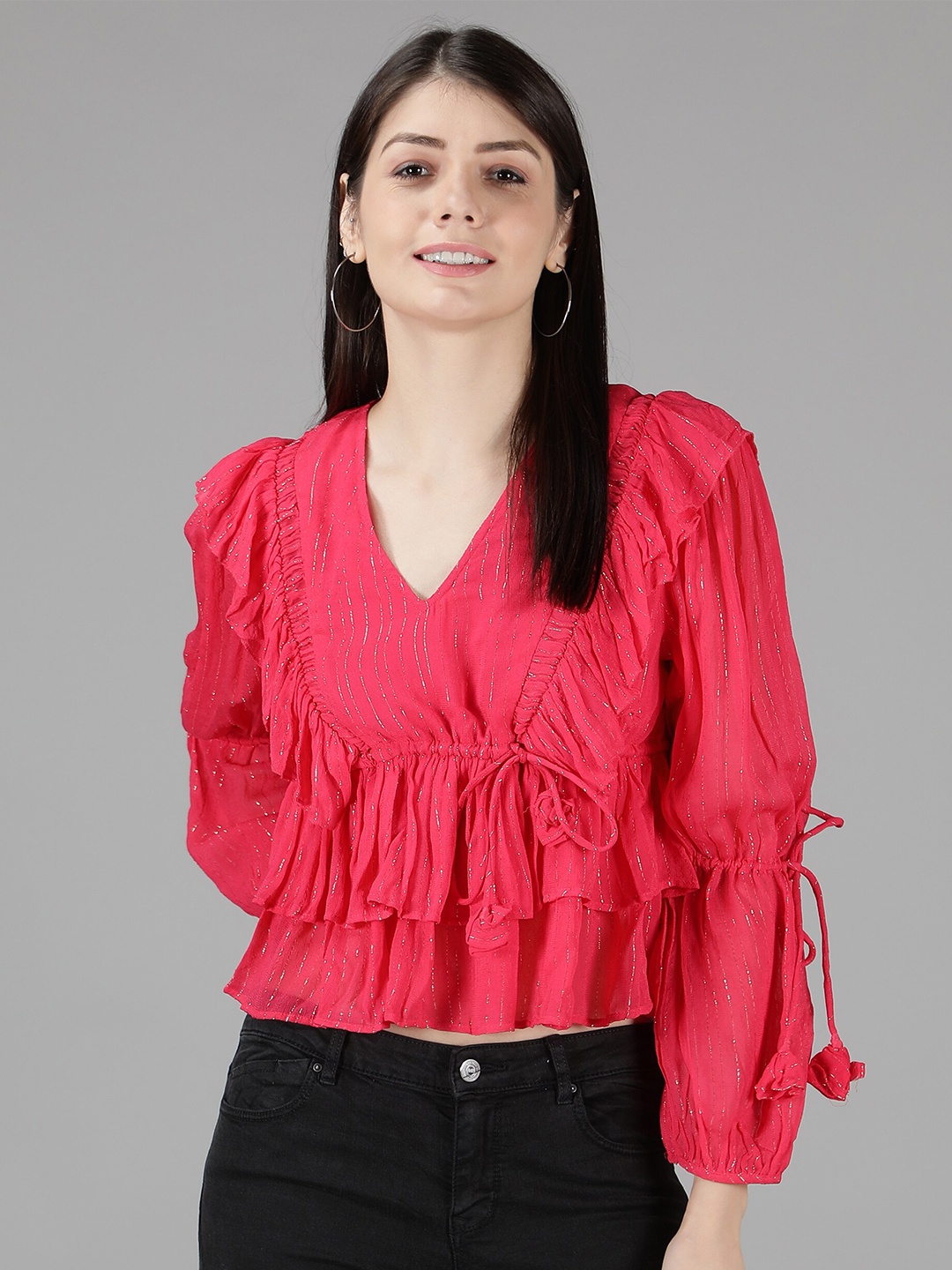 

Amagyaa Ruffle Tie-up Crop Top, Fuchsia