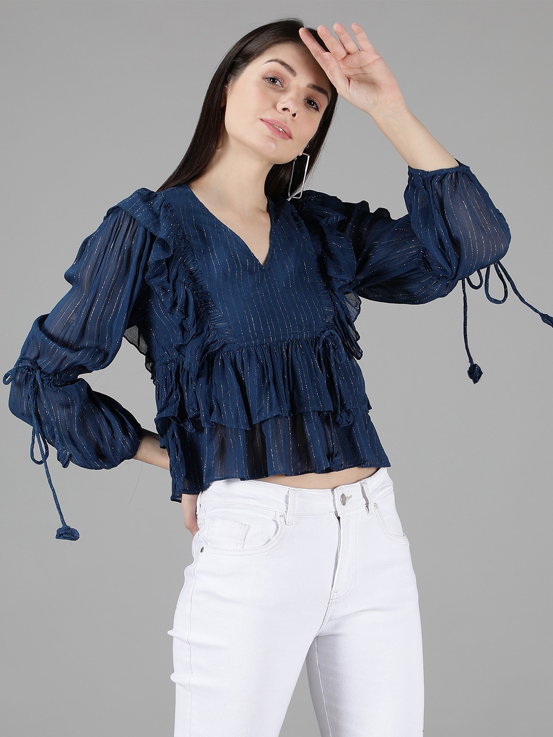 

Amagyaa Ruffle Tie-up Crop Top, Navy blue