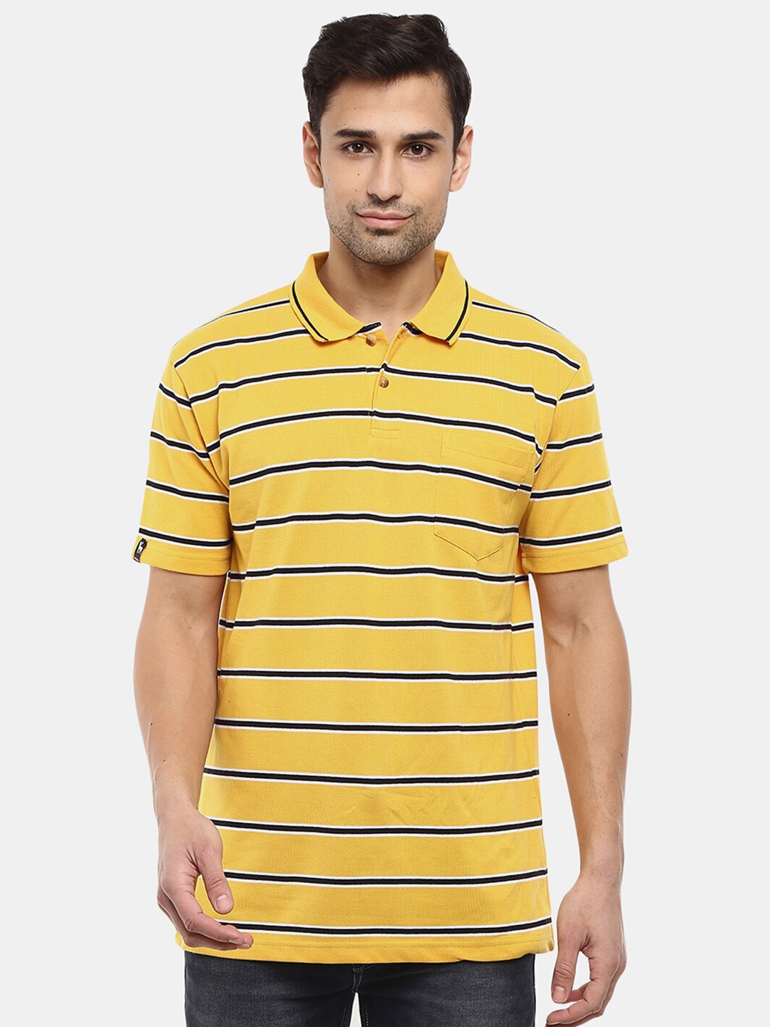 

V-Mart Men Striped Polo Collar Cotton T-shirt, Mustard