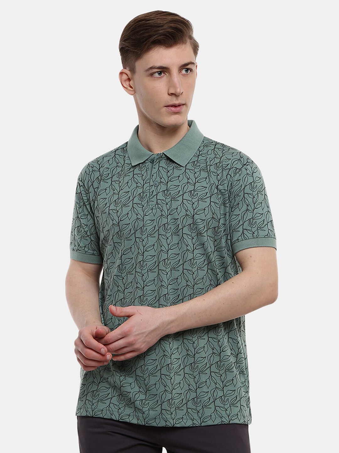 

V-Mart Men Floral Printed Polo Collar Cotton T-shirt, Teal