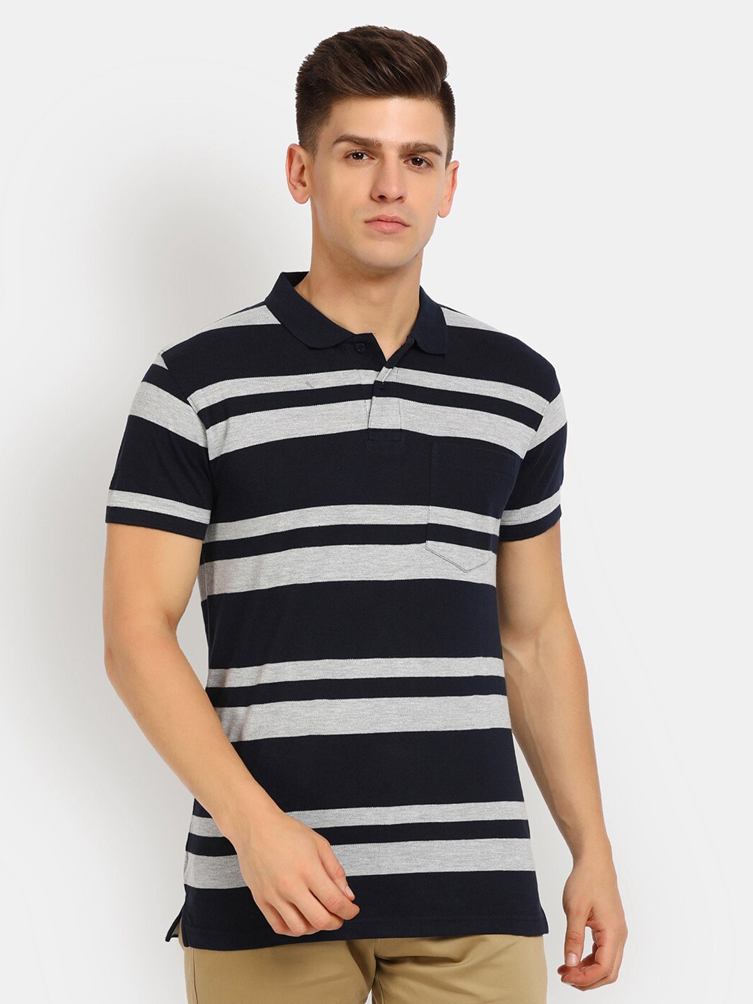 

V-Mart Men Striped Polo Collar Cotton T-shirt, Navy blue