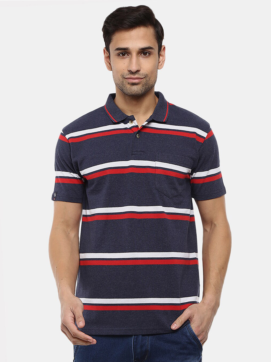 

V-Mart Men Cotton Striped Polo Collar T-shirt, Navy blue