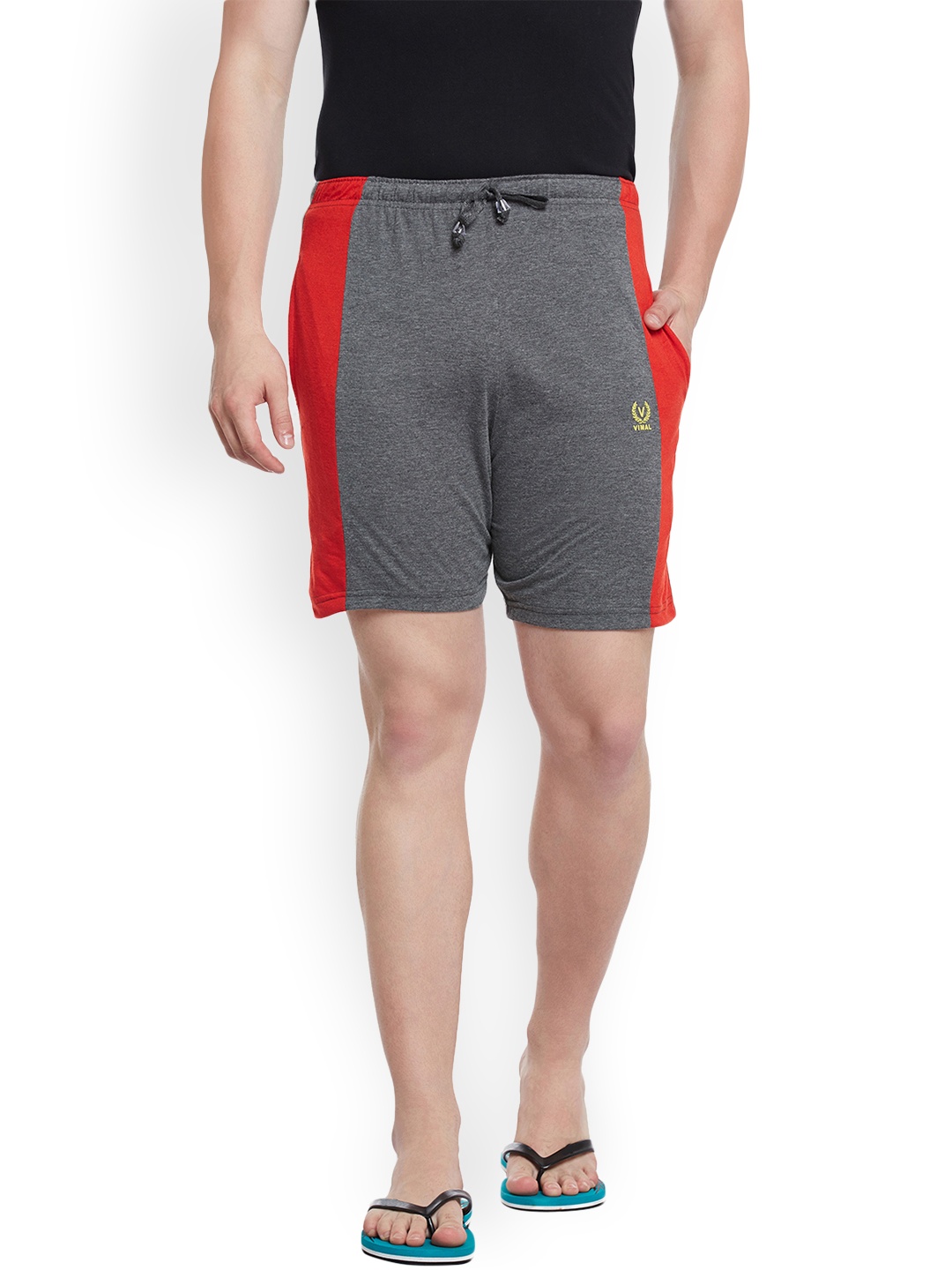 

VIMAL Grey & Red Colourblocked Lounge Shorts