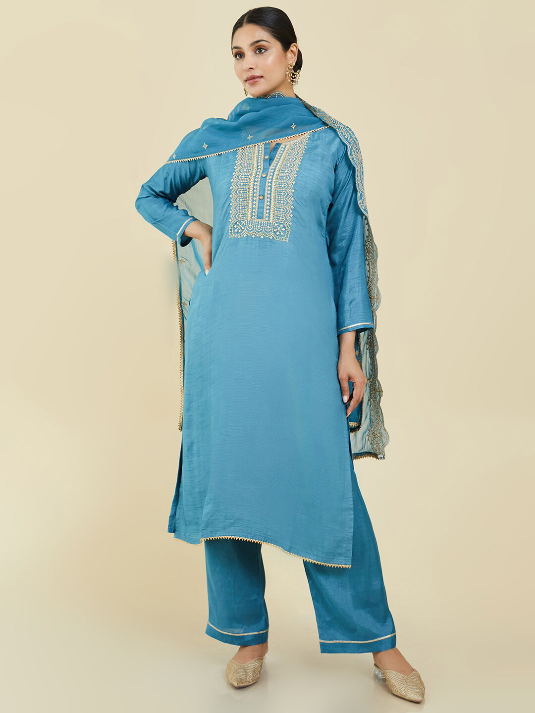 

Soch Embroidered Pure Silk Unstitched Dress Material, Blue