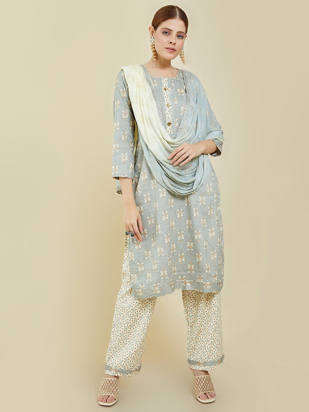 

Soch Printed Viscose Rayon Unstitched Dress Material, Grey