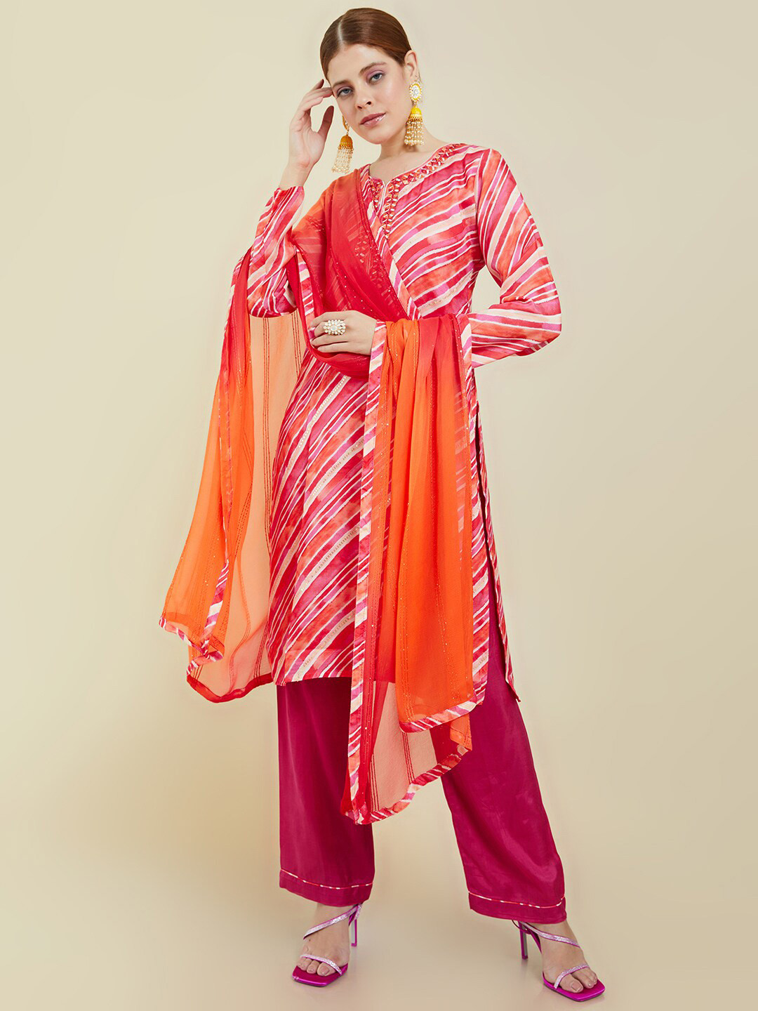 

Soch Pink & Orange Printed Unstitched Dress Material