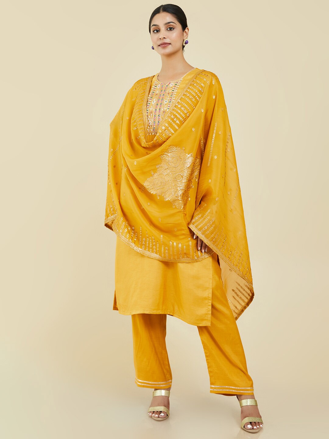 

Soch Women Embroidered Pure Silk Unstitched Dress Material, Mustard