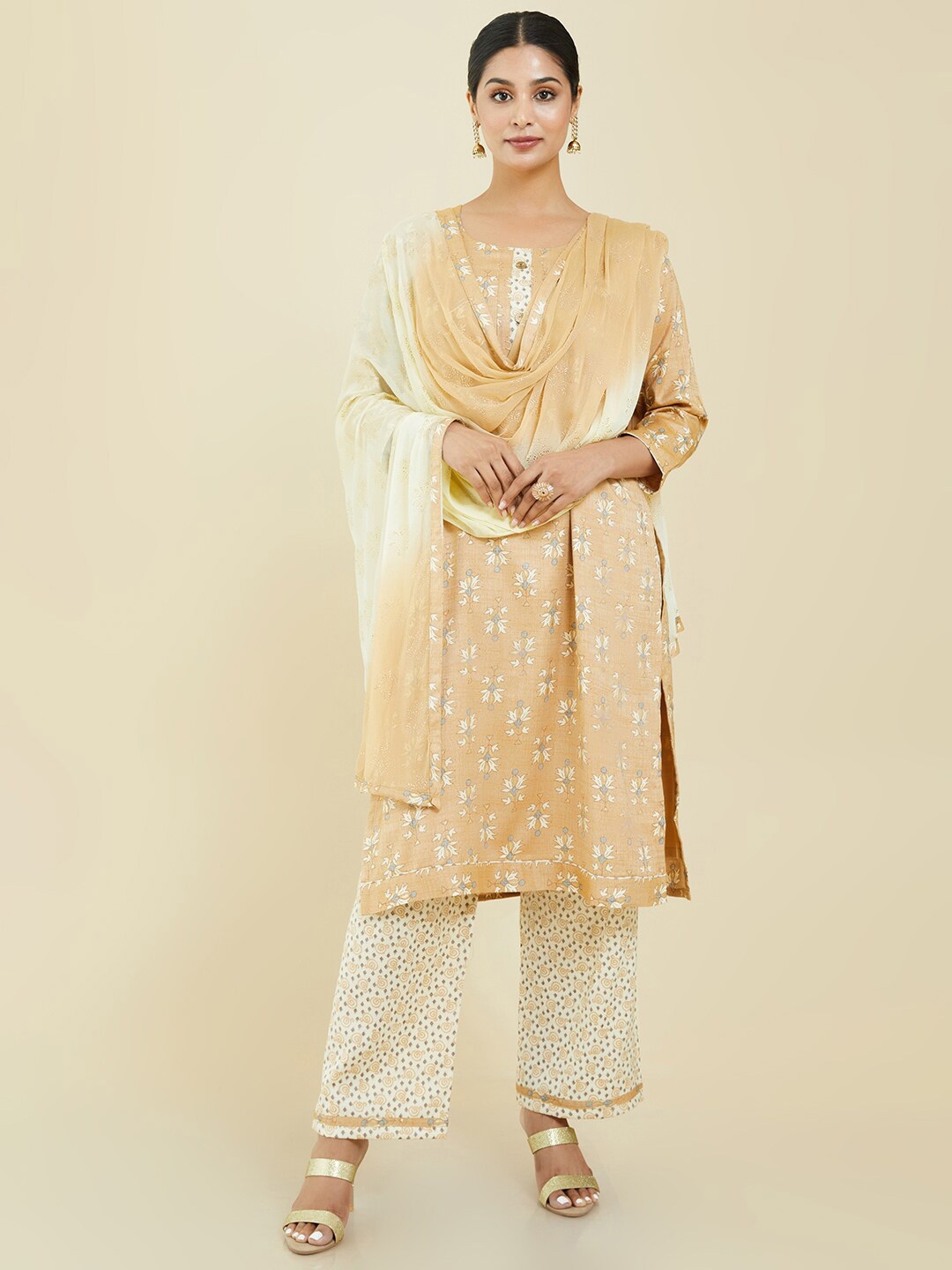 

Soch Women Printed Viscose Rayon Unstitched Dress Material, Beige