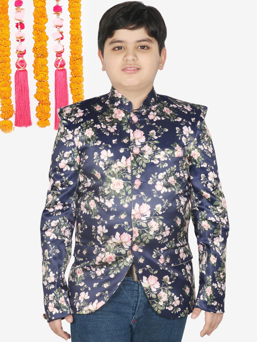 

SG YUVRAJ Boys Printed Single-Breasted Bandhgala Blazer, Navy blue