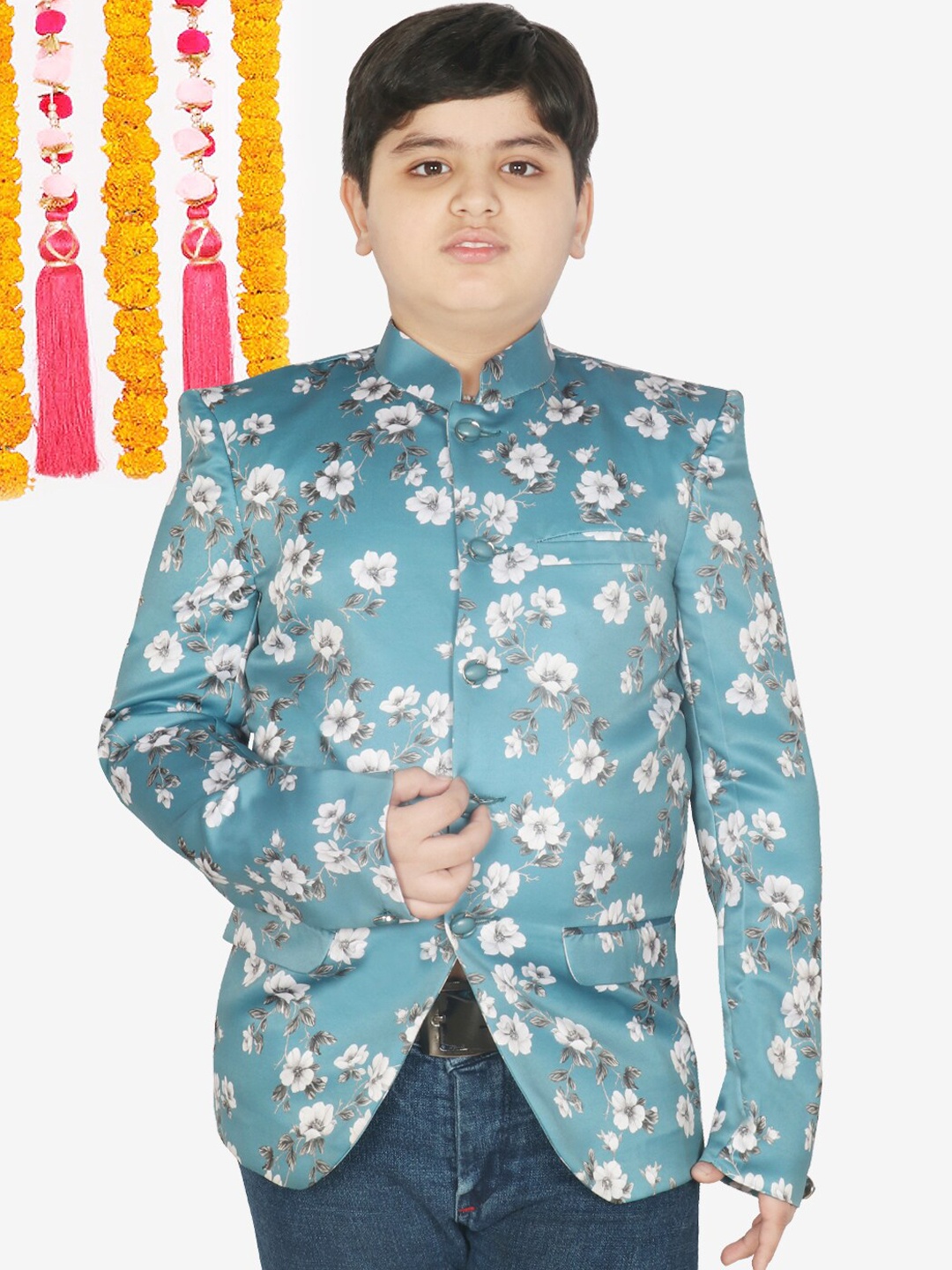 

SG YUVRAJ Boys Printed Single-Breasted Regular Fit Blazer, Turquoise blue