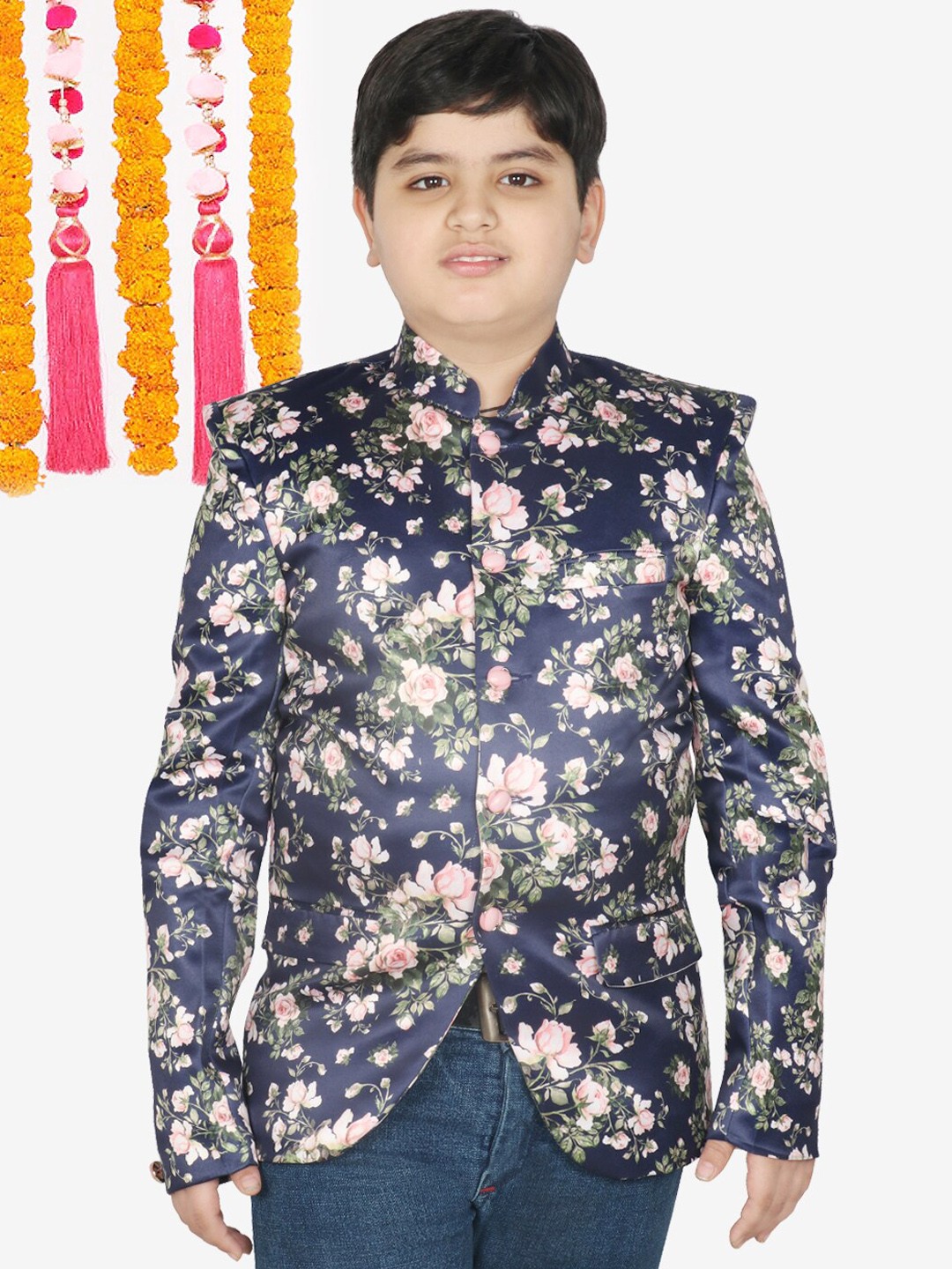 

SG YUVRAJ Boys Printed Single-Breasted Regular Fit Blazer, Navy blue