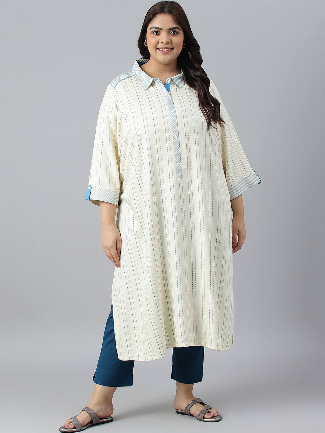

AURELIA Plus Size Striped Block Print Shirt Collar Kurta, Beige