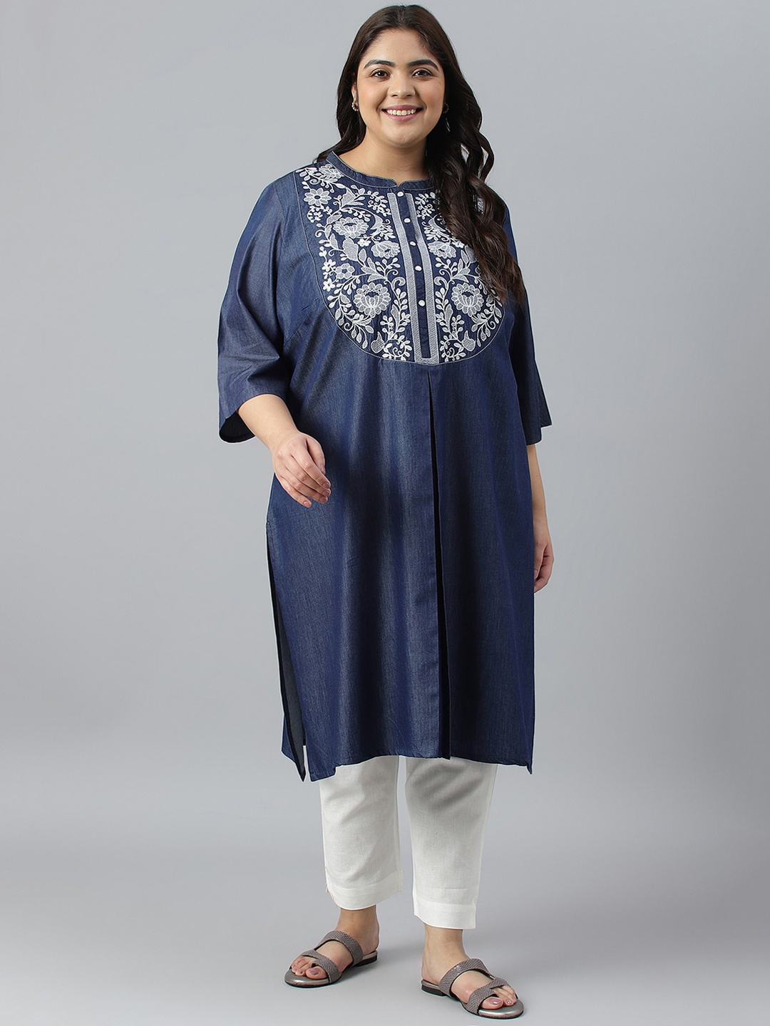 

AURELIA Plus Size Band Collar Floral Yoke Design Flared Sleeves Regular Kurta, Blue