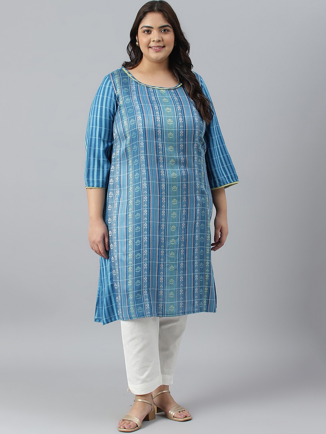 

AURELIA Plus Size Ethnic Woven Design Indie Prints Kurta, Blue