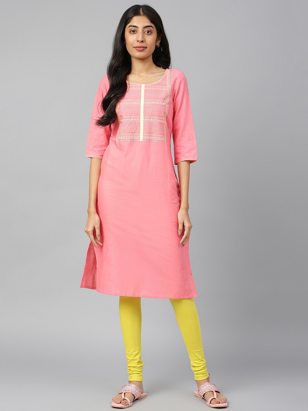 

AURELIA Thread Work Straight Regular Cotton Kurta, Pink