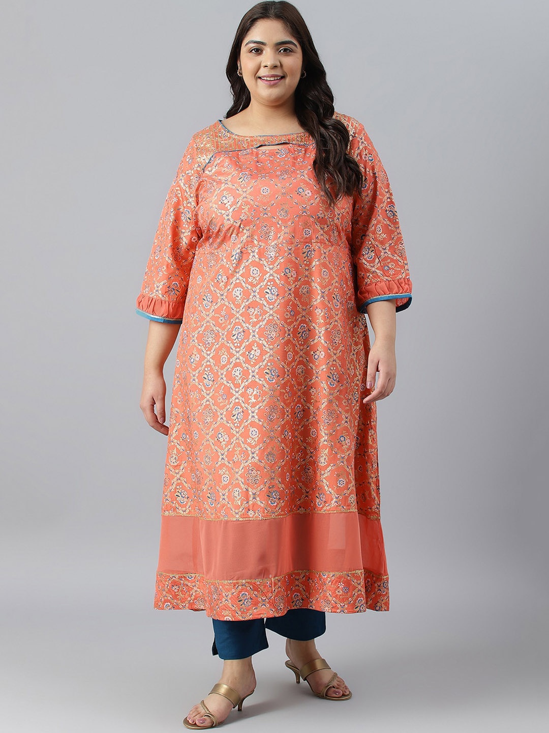

AURELIA Plus Size Ethnic Motifs Printed Flared Sleeves Anarkali Kurta, Coral