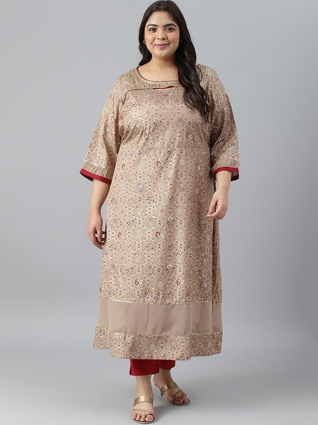 

AURELIA Plus Size Floral Printed Anarkali Kurta, Beige