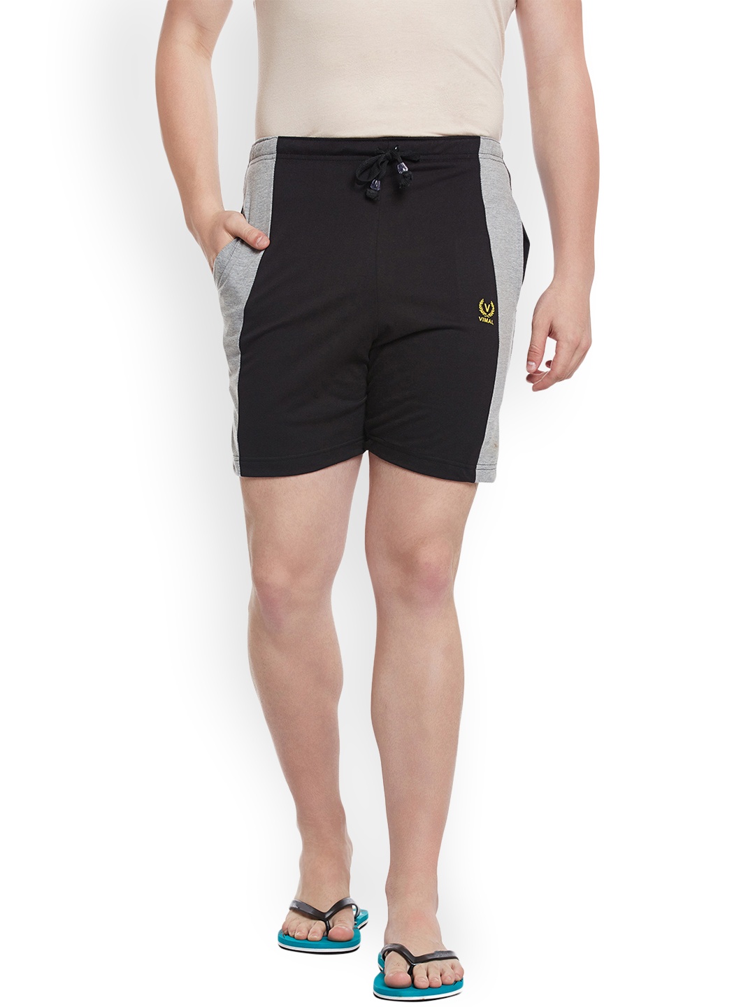 

VIMAL Black & Grey Melange Colourblocked Lounge Shorts