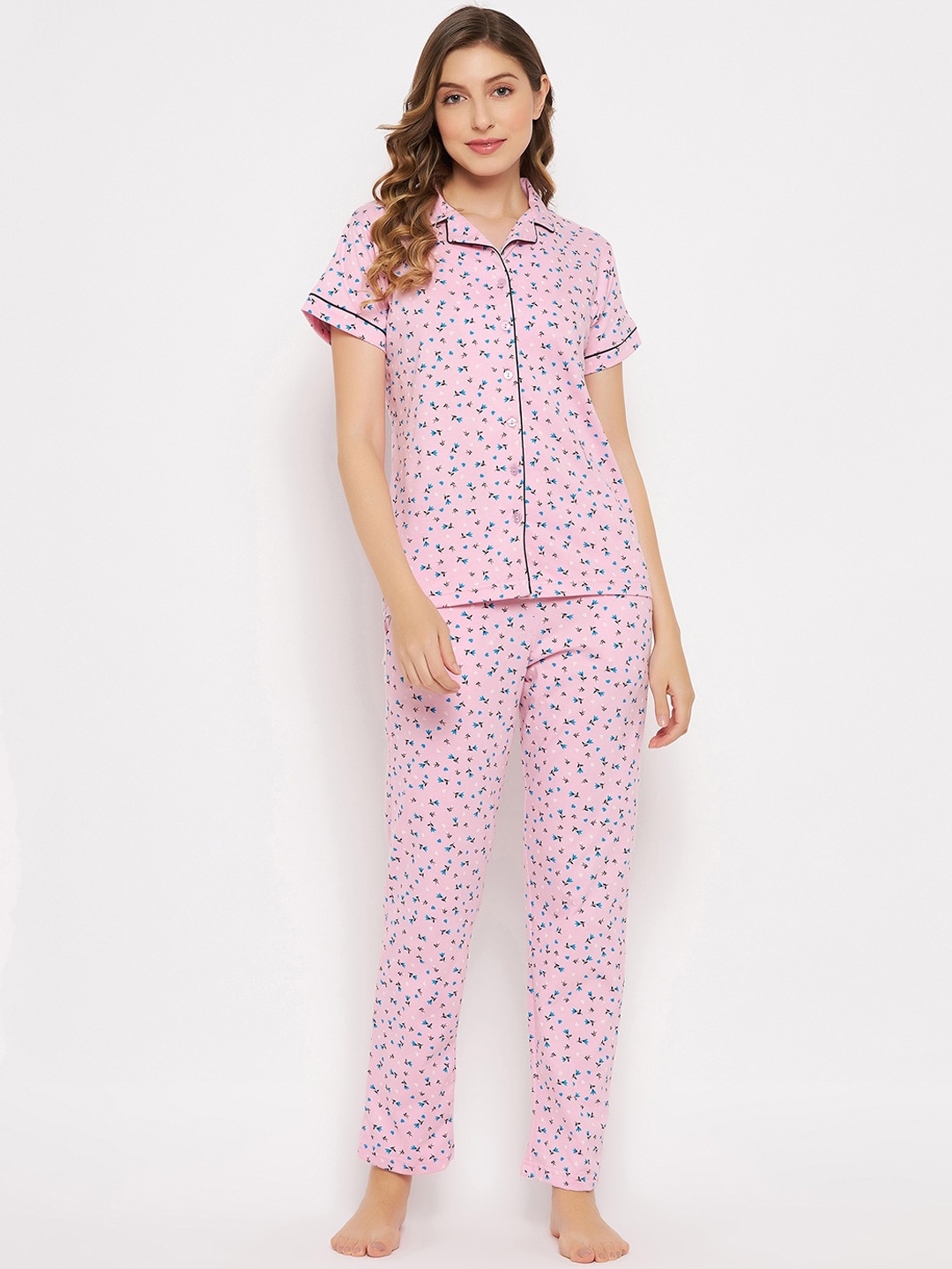 

Clovia Pretty Florals Button Down Shirt & Pyjama Set, Pink