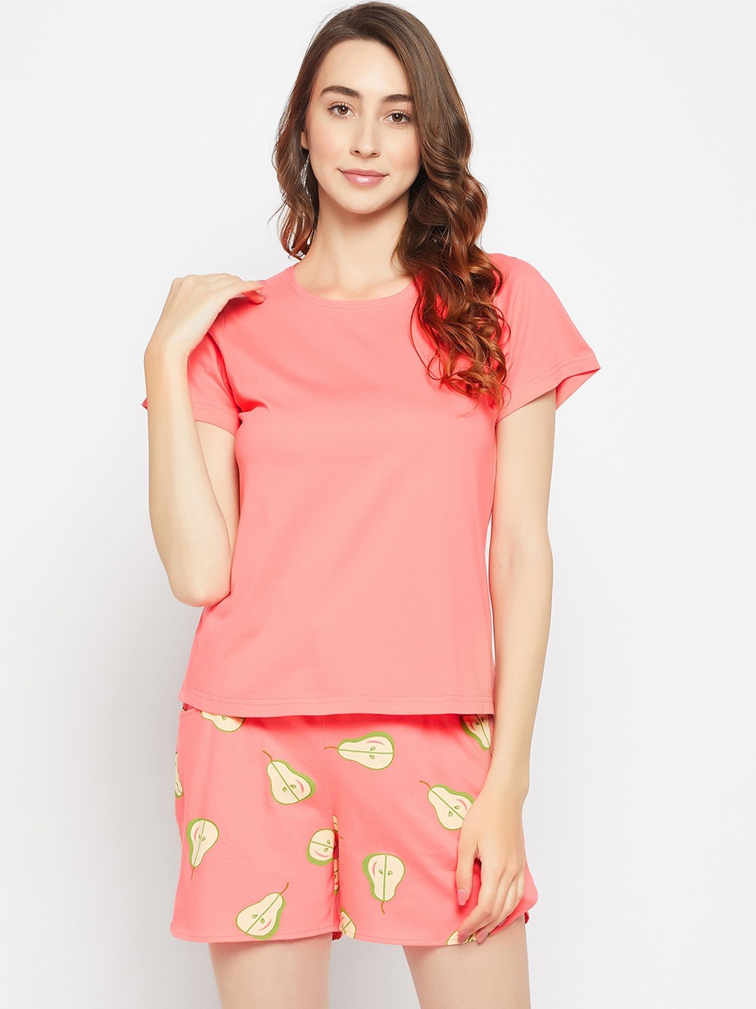 

Clovia Women Solid & Tutti Fruity Print Pure Cotton Night Suit, Peach