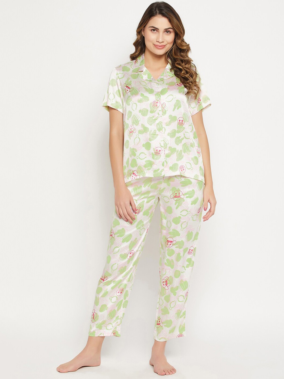 

Clovia Cactus Printed Button Down Satin Shirt & Pyjama Set, White