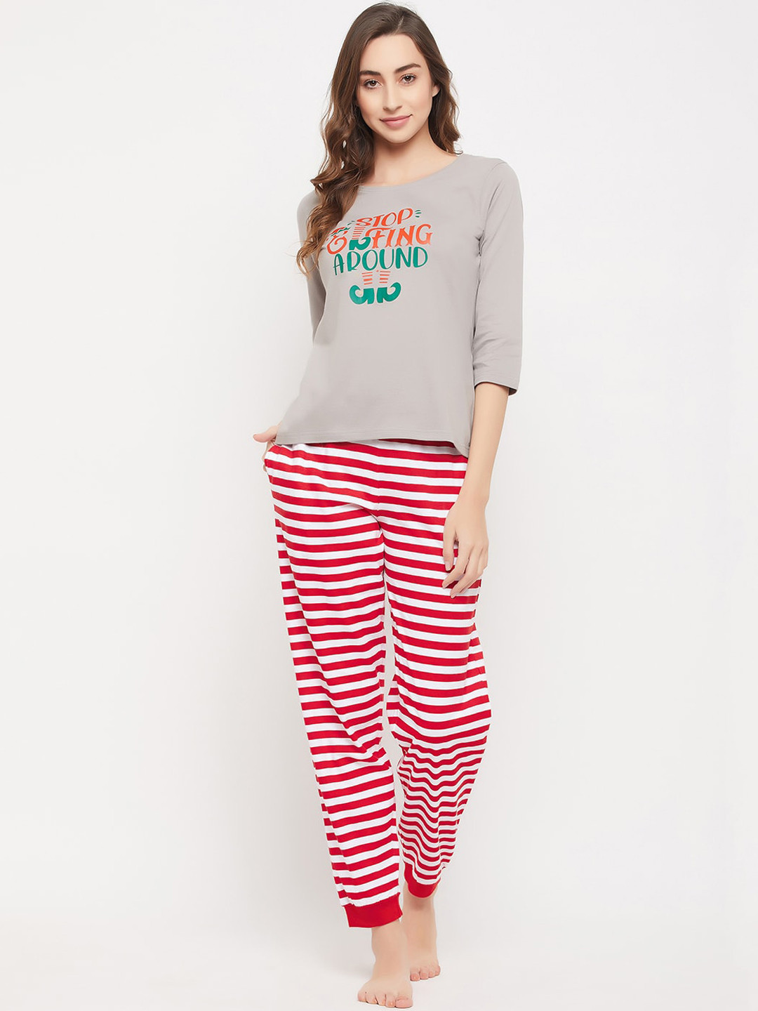 

Clovia Christmas Print Top & Striped Joggers, Grey