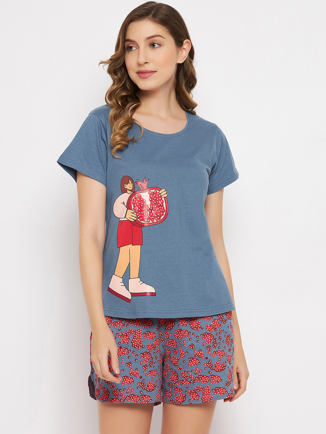 

Clovia Women Tutti Fruity Graphic Print Pure Cotton Night Suit, Blue