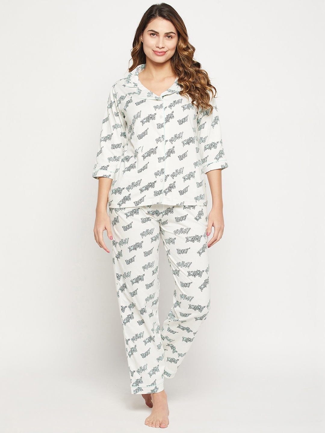 

Clovia Text Print 100% Cotton Button Down Shirt & Pyjama Night suit, White