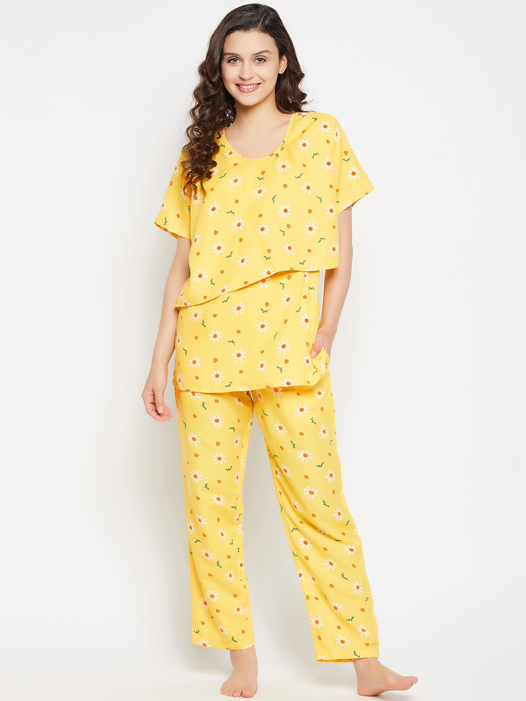 

Clovia Print Me Pretty Floral Printed Feeding Layered Top With Pyjamas, Yellow