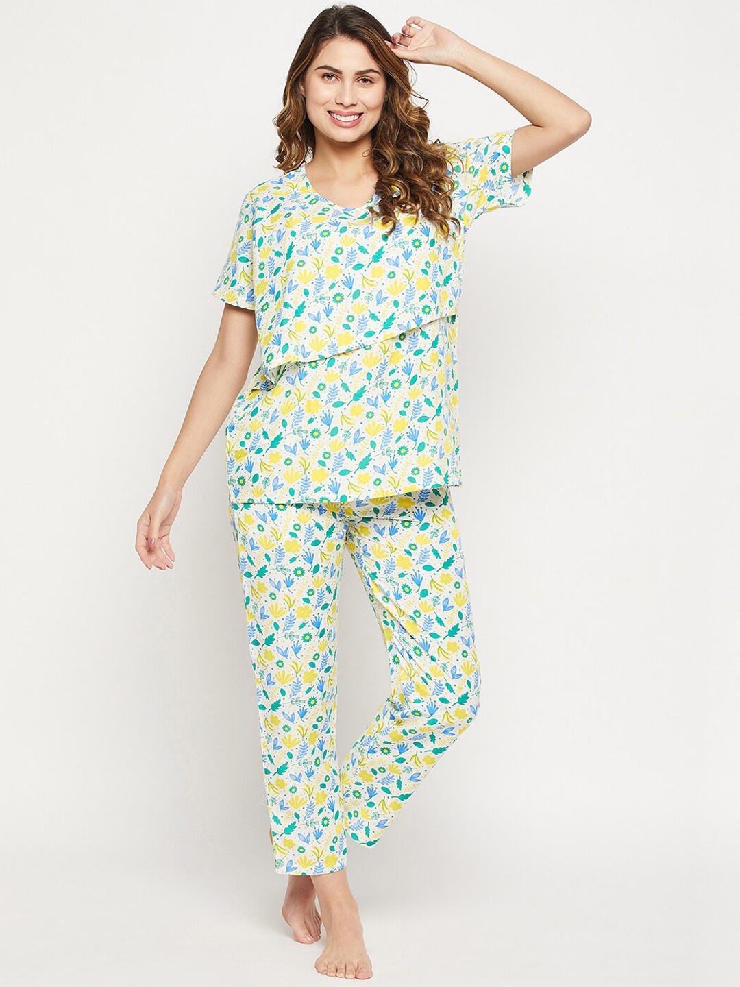 

Clovia Florals Print Layered Feeding Top & Pyjama Set, White