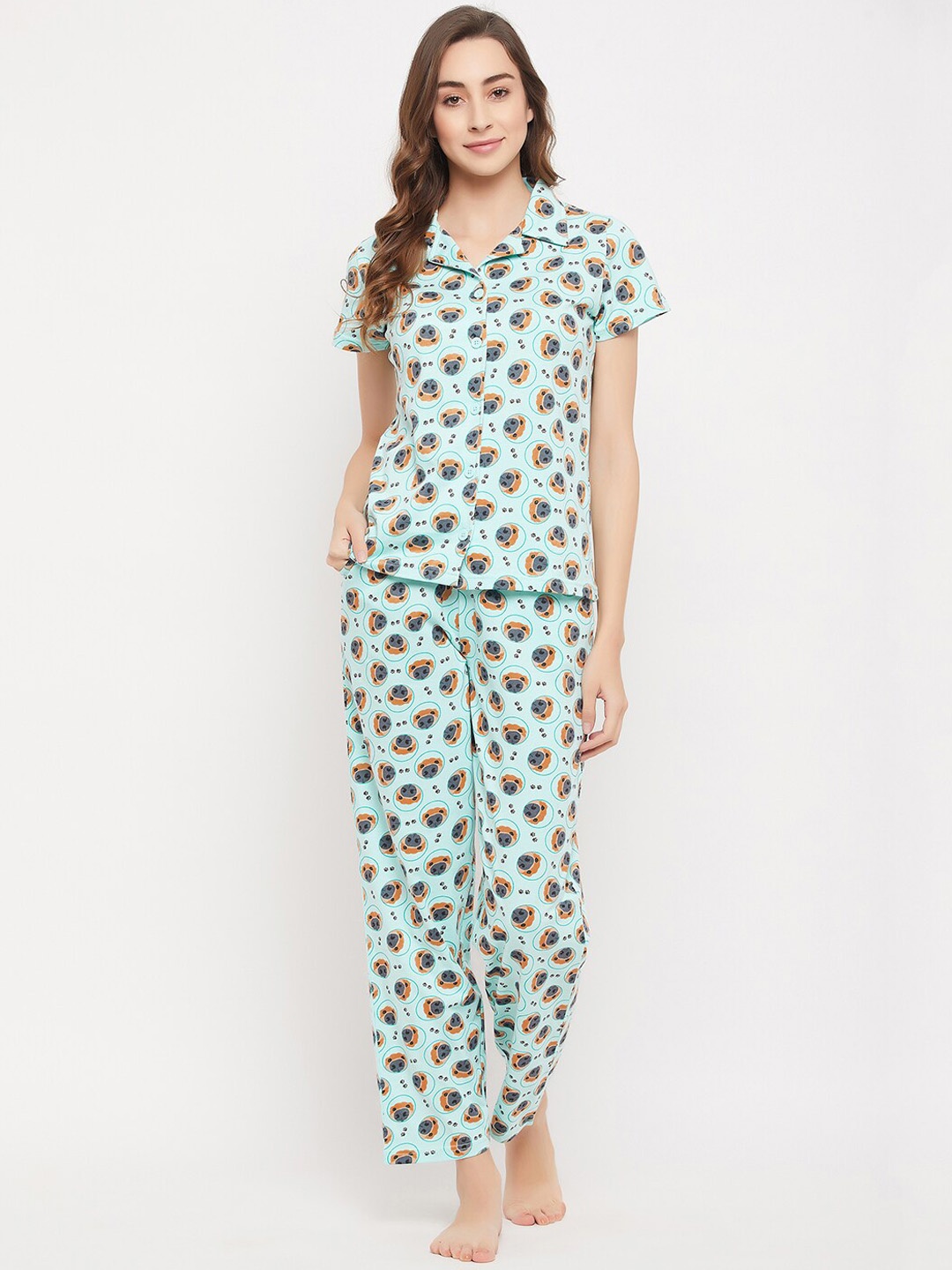 

Clovia Women Cotton Dog Print Button Down Shirt With Pyjama, Blue