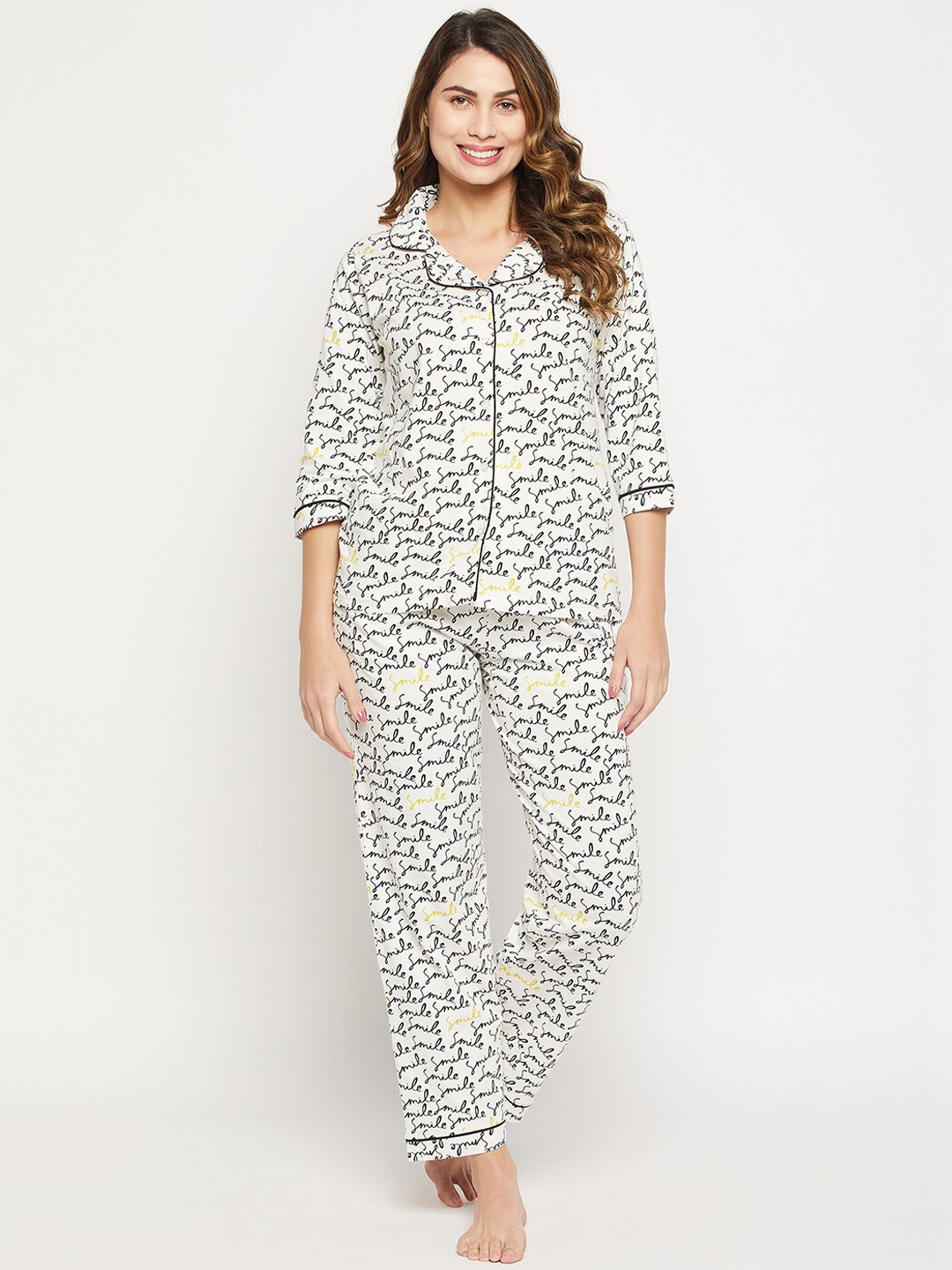 

Clovia Women Text Print Button Down Pure Cotton Shirt & Pyjama Set, White