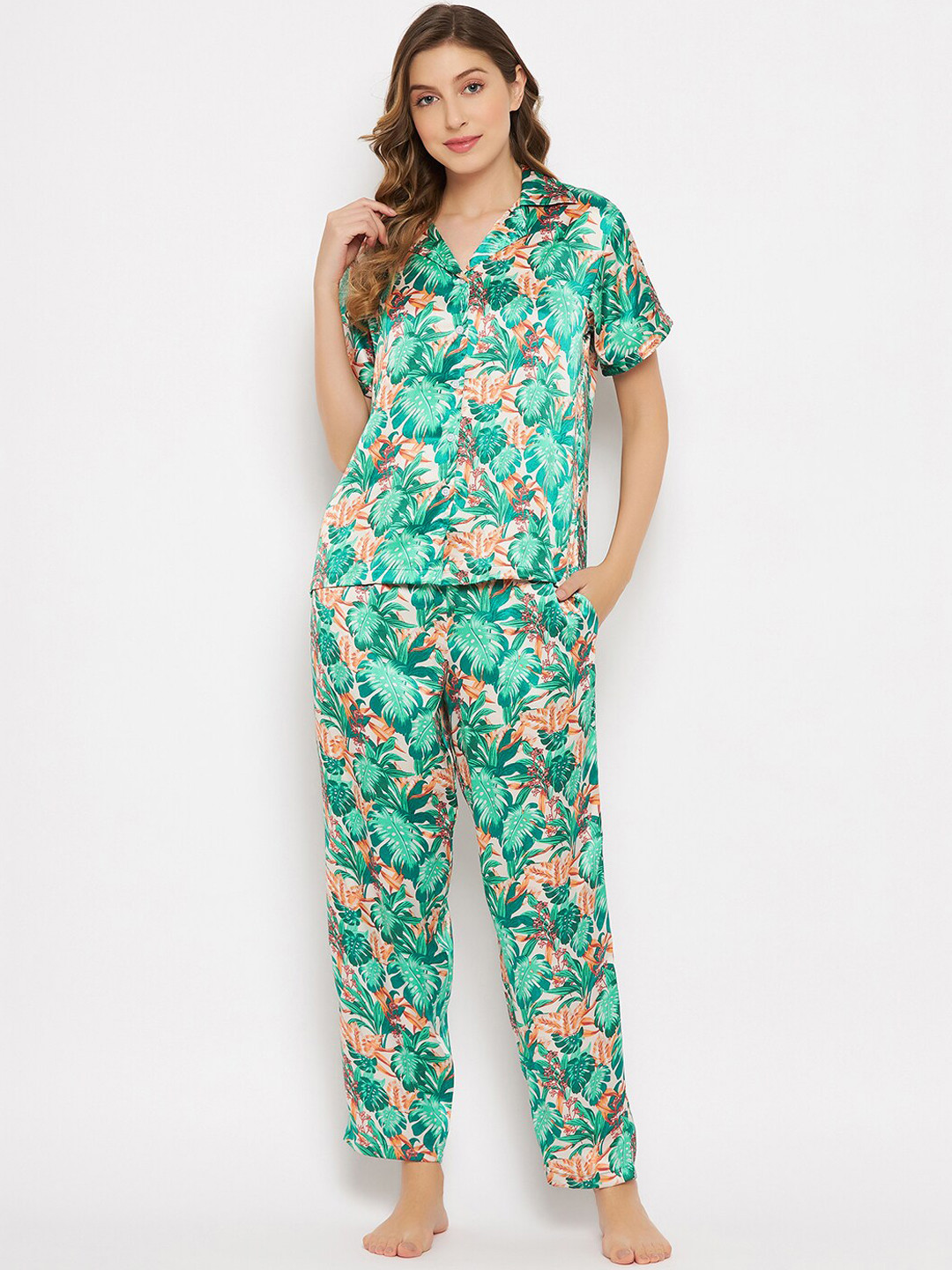 

Clovia Women Leaf Print Button Down Shirt & Pyjama Set, Green