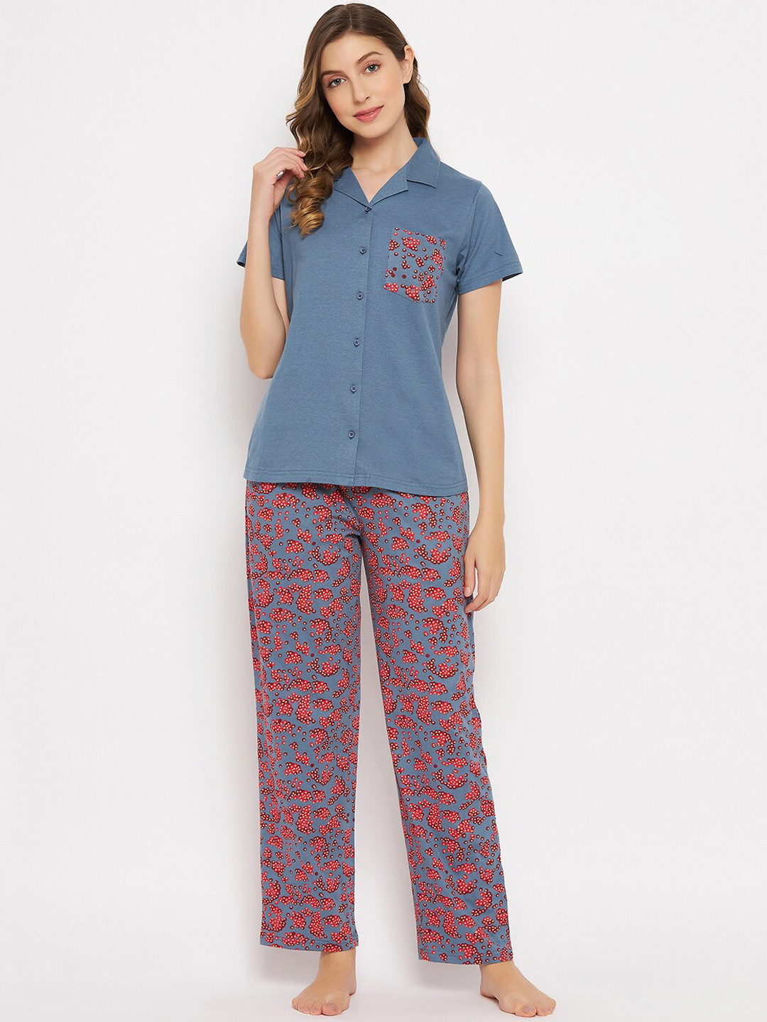 

Clovia Print Me Pretty 100% Cotton Button Down Shirt & Pyjama Night suit, Blue