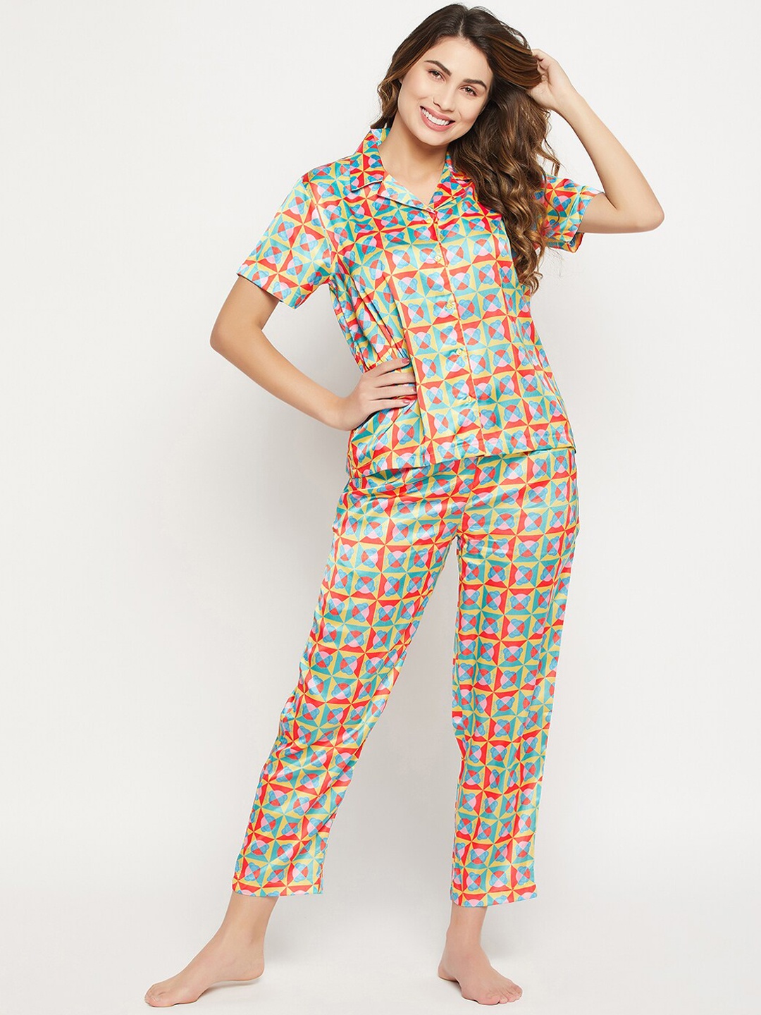 

Clovia Abstract Print Button Down Shirt & Pyjama, Blue