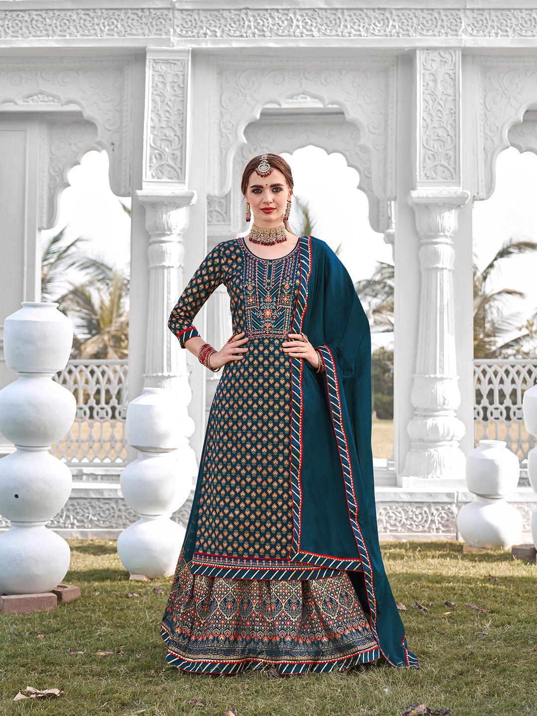 

Kvsfab Women Floral Embroidered Thread Work Kurta with Skirt & Dupatta, Blue