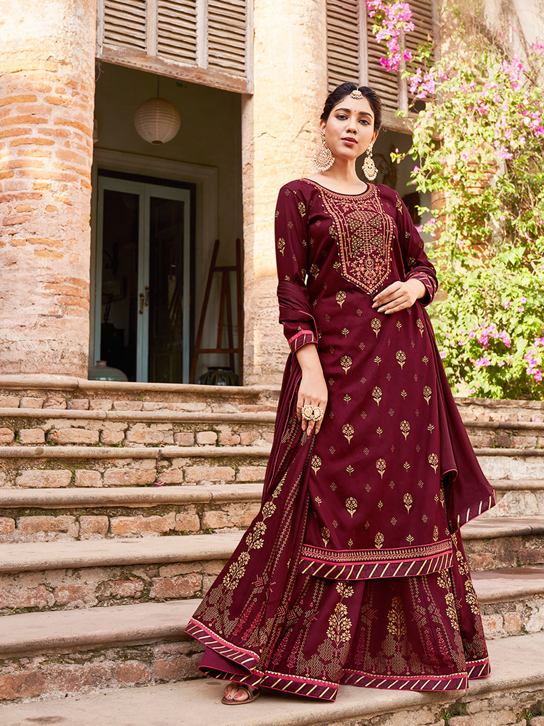 

Kvsfab Women Floral Thread Work Kurta with Skirt & Dupatta, Maroon