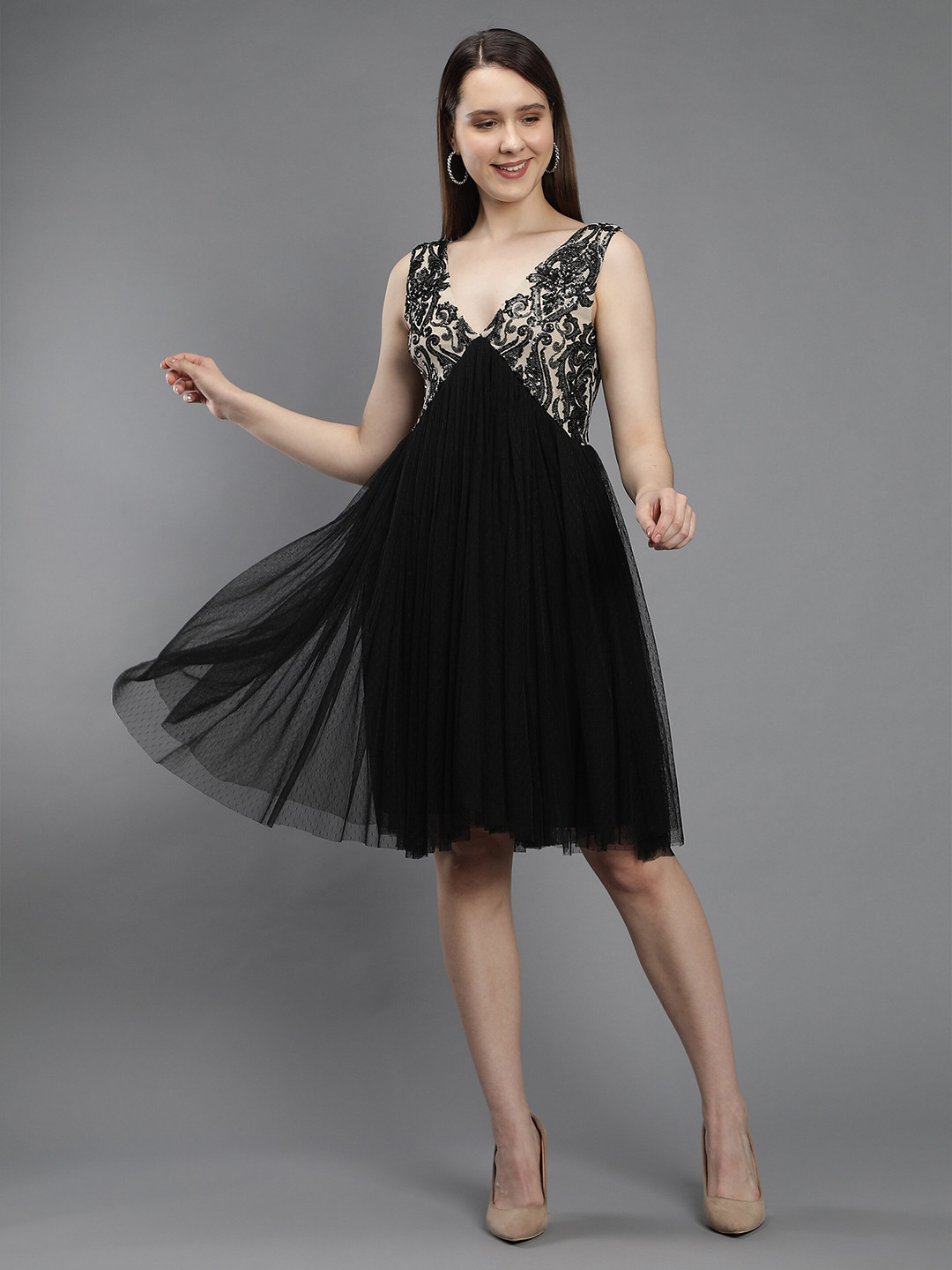 

Amagyaa Women V Neck Fit and Flare Net Dress, Black