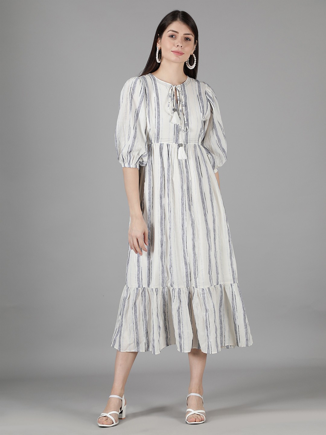 

Amagyaa Women Striped Tie-Up Neck A-Line Cotton Midi Dress, Cream