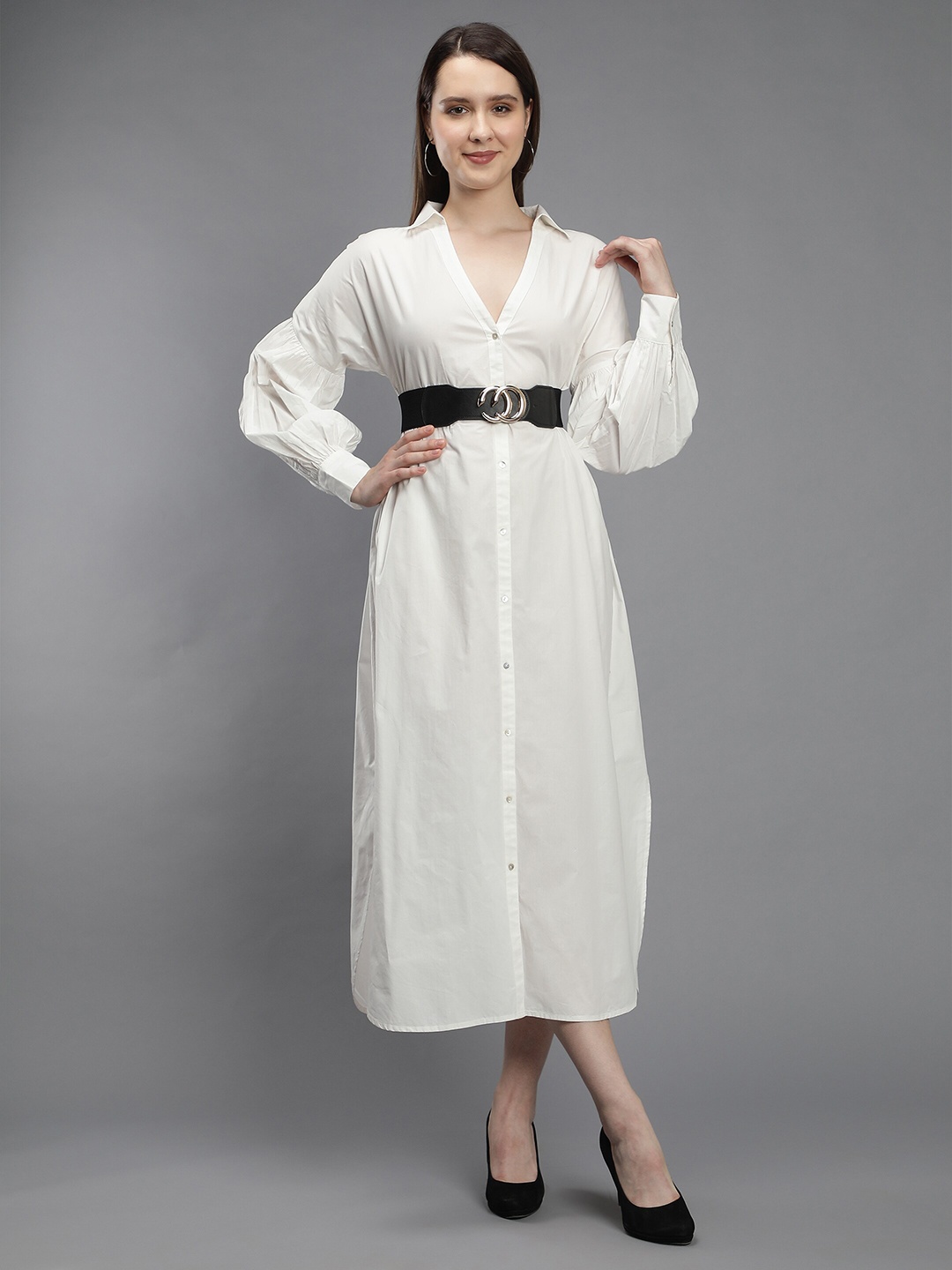 

Amagyaa Shirt Collar Belted Cuff Sleeve Midi Shirt Cotton Dress, White