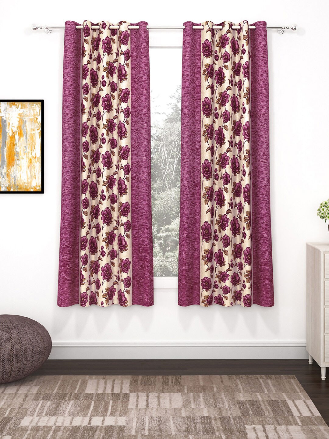 

Story@home Nature Purple & Off White Set of 2 Floral Window Curtains
