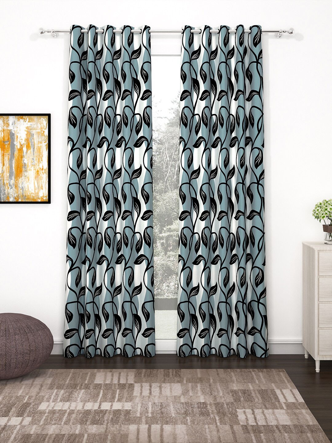 Story@home Nature White & Blue Set of 2 Floral Long Door Curtains