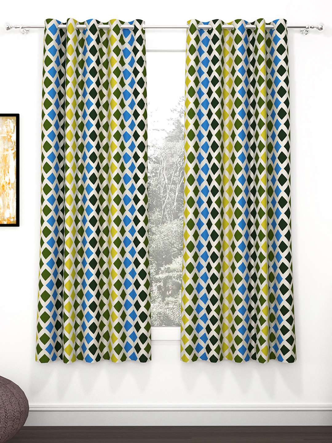 

Story@home Nature Set Of 2 Green & Yellow Geometric Printed Window Curtains