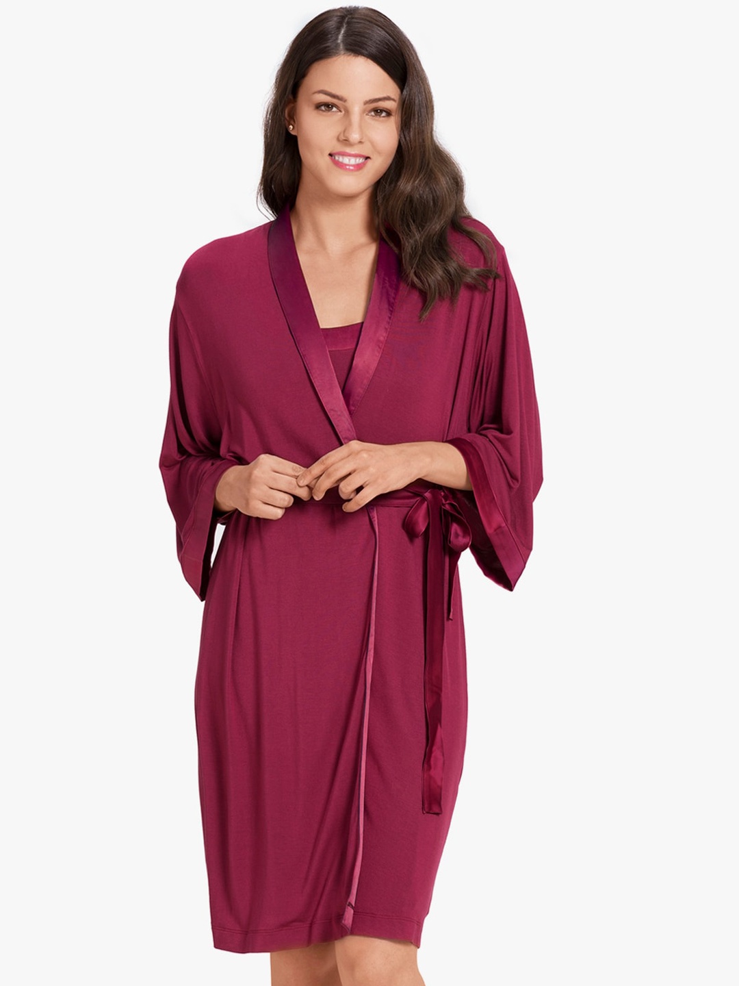 

Amante Women Burgundy Lace Kimono Robe