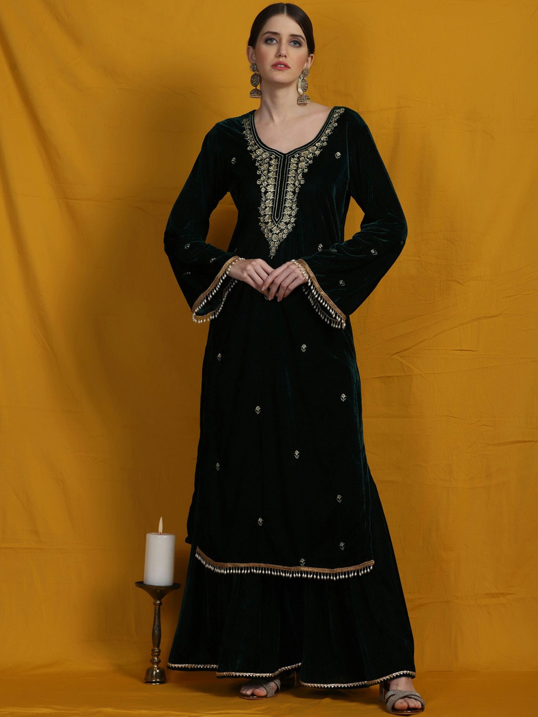 

SHADES Women Ethnic Motifs Embroidered Velvet Kurta with Sharara, Green